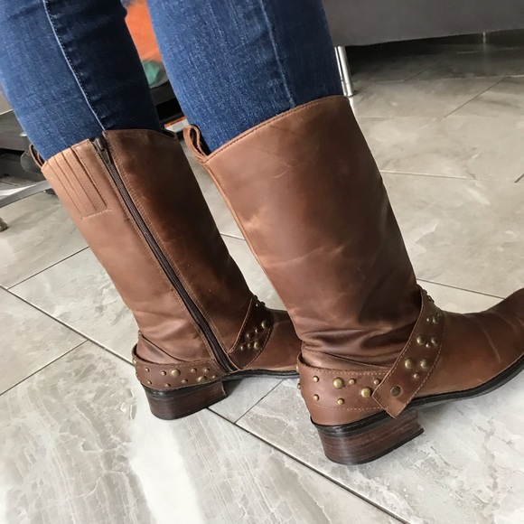 BROWN Leather Studded Strap Mid Calf Boots | Women |  7 - Picture 3 of 16